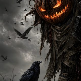 a creepy scarecrow with a pumpkin on his head and crows in the sky behind him Halloween Monsters League Of Legends, dark slate gray