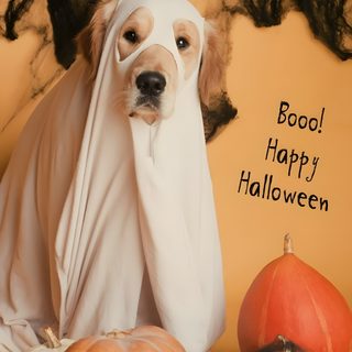 a dog dressed up in a ghost costume with pumpkins and other halloween decorations around it Halloween Dog Hd Golden Retriever Costume, Golden Retriever Photography, Minion Halloween Costumes, peru