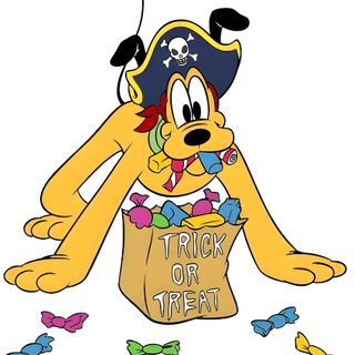 a cartoon dog wearing a pirate hat and holding a trick on treat bag with butterflies around it Pluto Halloween Pluto Halloween Drawing, Disney Disney Halloween Images, Pluto Halloween Png, white