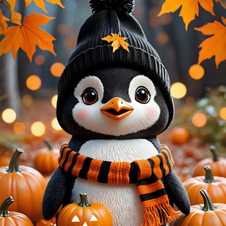 a penguin wearing a hat and scarf with pumpkins in the foreground, surrounded by fall leaves Penguin Halloween Pumpkin Penguin, Panda Fall, Autumn Penguin, Penguin Pumpkin, Thanksgiving Penguins, sienna