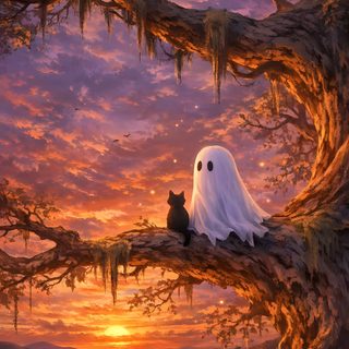 a painting of a cat and ghost sitting on a tree branch with the sun setting in the background Halloween Ghost Tree Halloween 2018, Halloween Art, Halloween, sienna