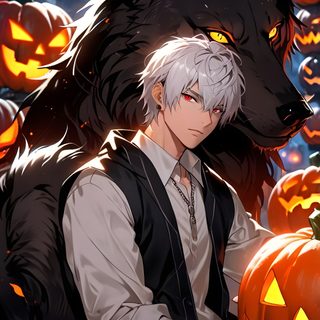 an anime character sitting in front of pumpkins with a wolf on the back ground Halloween Anime Boy Red Wolf Anime, Anime Red Eye Effect, Anime Characters With Red Hair And Glasses, dark slate gray