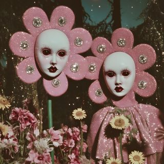 two pink masks with flowers in front of them Weirdcore Halloween Creepy Art, Pink Clown Aesthetic, Forest Friends, Dreamcore Costume, dark olive green