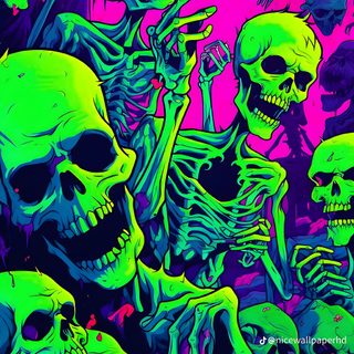 a group of skeletons sitting next to each other on a purple and green background with black dots Neon Aesthetic Halloween Cool Neon Skeleton, Skeleton Neon Aesthetic Skull, Neon Zombie, midnight blue
