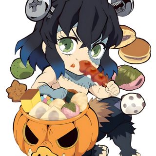 an anime character holding a pumpkin in front of her face with food all over it Inosuke Halloween All Anime, Naruto Shippuden, Demon Slayer Halloween, Inosuke Chibi Png, burlywood