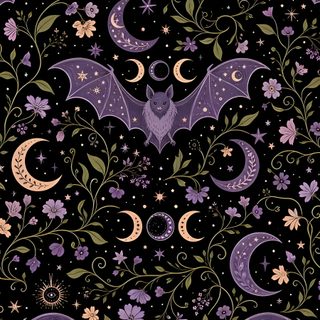 a bat and crescents on a black background with flowers, stars and moon shapes Halloween Whimsical Bats-large Witchy Prints, Black Contact Paper, Contact Paper, Autumn Theme,