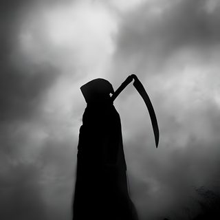 the silhouette of a person holding an axue in front of a dark cloudy sky Grim Reaper Halloween Trendy, Grim Reaper Art, Santa Muerte, Dark Art Illustrations, dim gray