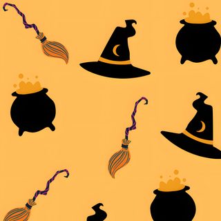 an image of witches hats and brooms Halloween Circle Geometric In Ochre Broomstick, Yellow Halloween, Witch Broomstick, sandy brown
