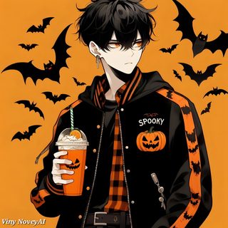 an anime character holding a drink in front of bats Halloween Anime Boy Cute Profile Pictures Halloween, Halloween Pfps For Boys, Halloween Profile Pics Anime, chocolate