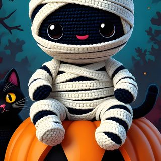 a black cat sitting on top of a pumpkin with a white bandaged headdress Halloween Mummies Mummy, Happy Halloween Crochet, Halloween Amigurumi, Egyptian Goddess Art, dark slate gray