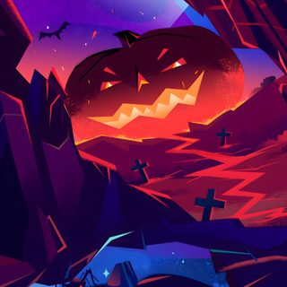 an illustration of a halloween scene with pumpkins and bats in the sky, on a purple background Halloween Gift Halloween Effects, Animated Halloween Background Gif, Halloween Animation Ideas, midnight blue