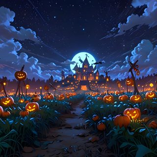 an animated halloween scene with pumpkins on the ground Halloween Pumpkin Patch Pc Halloween, Halloween Pc Background, Pumpkin Patch Computer Background, dark slate gray