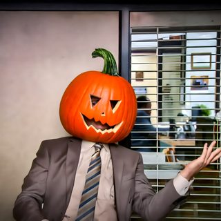 a man in a suit and tie with a pumpkin on his head standing next to an office window Funny Halloween Computer Michael Scott The Office Halloween, Jim The Office Halloween, Dwight Halloween, dim gray