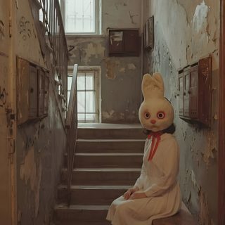 a teddy bear sitting on top of a wooden bench next to a set of stairs Weirdcore Halloween Surrealism Scary, Strange Aesthetic, Liminal Monsters, dark olive green
