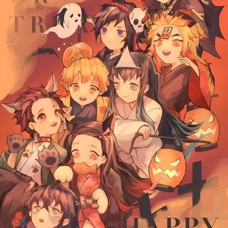 a group of people in halloween costumes with bats and pumpkins on the background, text reads trick or treat happy halloween Demon Slayer Halloween Tanjiro Friends, Demon Slayer Halloween Backgrounds, Demon Slayer Halloween, indian red