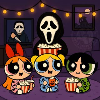 the powerpuff girls are eating popcorn in front of their halloween themed home theater Powerpuff Girls Halloween Halloween Cute, Power Puff Girls Aesthetic, Powerpuff Girls Glitter, dark slate gray