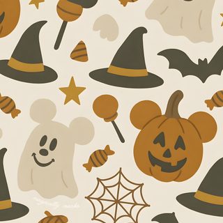 mickey mouse halloween wallpaper with pumpkins, bats and ghost heads on it's white background Aesthetic Cute Disney Halloween Iphone Fall, Disney For Iphone Aesthetic, Halloween, light gray