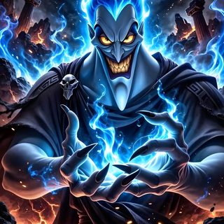an evil villain with blue hair and glowing eyes Halloween Villains Heroes And Villains, Disney's Hercules, Super Villain Design Concept Art, dark slate gray