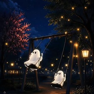 two ghost swings at night with lights on the trees and moon in the sky behind them Halloween Samsung Live, Halloween Art, Ghost, Halloween, black