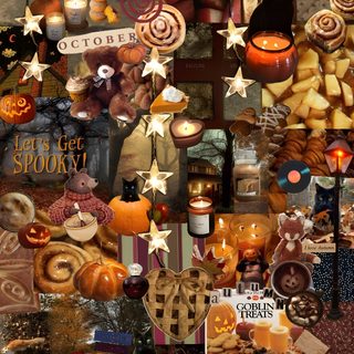 a collage of many different types of food and drink items in the shape of pumpkins Autumn Aesthetic Halloween Collage Fall Cozy Background, Fall Cozy, Halloween Vibes, saddle brown