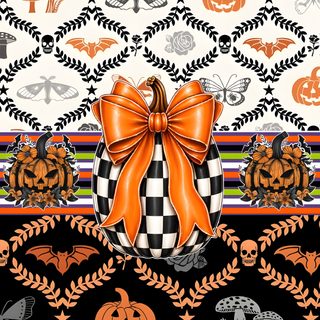 an orange bow sits on top of a black and white wallpaper with pumpkins Halloween Trellis Ikat Custom Composition Notebook Covers, Halloween Backdrop, Composition Notebook, peru