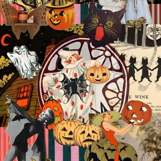 halloween collage with pumpkins, jack - o'- lanterns and ghost faces Vintage Halloween Collage Halloween Junk, Halloween Witch Collage, Diy Halloween Collage, Halloween, sienna