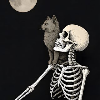 a cat sitting on top of a skeleton in front of a full moon with its head turned to the side Halloween Skeleton Cat Cats And Skeletons, Cat Skeleton Sitting, Cat With Skeleton, Skeleton Friends, black