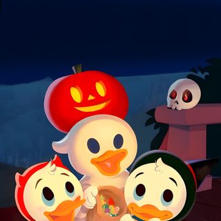 two little birds are standing next to each other in front of an apple and pumpkin Ducktales Ghosts Of Halloween Donald Duck Trick Or Treat, Disney Halloween Laptop, Disney Fall Desktop, black