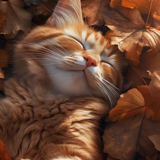 an orange and white cat laying on top of leaves Orange Cat Halloween Gatos Siameses, Cute Kittens, Animal Portraits Art, Sleepy Cat, saddle brown