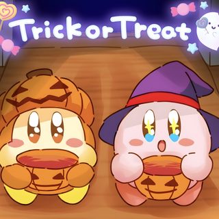 two cartoon characters sitting next to each other in front of a trick or treat sign Kirby Halloween 4k Kirby Waddle Dee, Kirby Lantern, Kirby Halloween, Nintendo Halloween, indian red