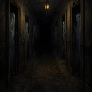 an eerie hallway with three ghostly figures in the doorways Halloween Hallway black
