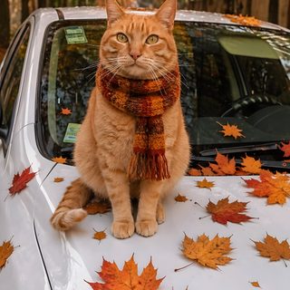 an orange cat sitting on the hood of a white car with autumn leaves around it Orange Cat Halloween sienna