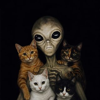 an alien with four cats sitting in front of it's face and the cat is looking at the camera Alien Halloween Ufo Iphone, Alien With Cat, Ufo Aliens, Martian Alien, Cats And Aliens, Stay Weird, black
