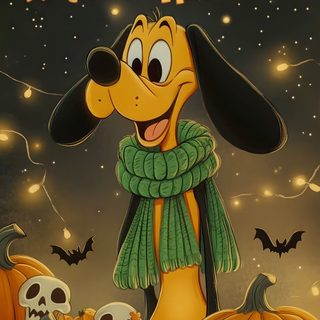 a cartoon dog wearing a green scarf with pumpkins in front of him and the words happy halloween written on it Pluto Halloween Brand Identity, Branding, Halloween Disney, Disney Halloween 2025, dark olive green