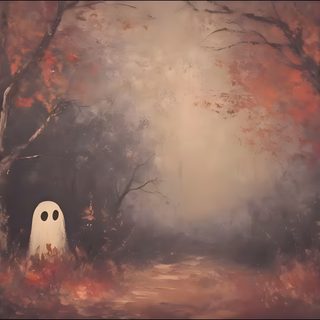 a painting of a white ghost in the middle of a forest with trees and leaves Halloween Evening Custom Cartoon Fall Background, Halloween Fireplace, Fall Backgrounds, dim gray