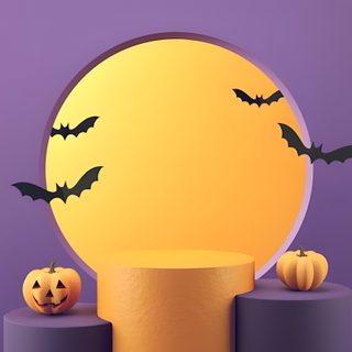 two pumpkins sitting on top of pedestals with bats flying around Halloween Podium Halloween Podium, Orange Podium, Yellow Pumpkin On Purple Background, gray