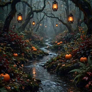 lanterns are hanging from trees over a stream in the woods with pumpkins on it Halloween Forest dark slate gray