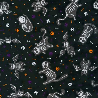 a black background with skeletons and skulls on it's side, all in different colors Halloween Fabric Cat Bones Witch And Halloween Cat Fabric Patterns, Halloween Fabric With Spooky Patterns, Halloween Bones Fabric, black