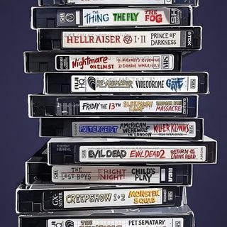 the cassettes are stacked on top of each other in different colors and sizes, Vhs Halloween Vintage Horror Movie Tape Art, Vhs Halloween, Horror Vhs Stack, dark slate gray
