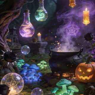 Magical Halloween garden styled as a mysterious witch’s potion laboratory with glowing potion bottles, bubbling cauldrons, luminous mushrooms, pumpkins, black roses, crystal balls, floating candles and purple mist in an enchanted forest setting. Halloween Spooky Cauldron Snakes Potions dark slate gray