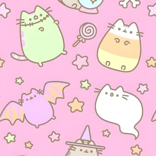 many different types of cats and bats on a pink background with stars, skulls and bones Halloween Cutecore Pusheen Iphone, Halloween Pusheen, Halloween Cutecore, misty rose