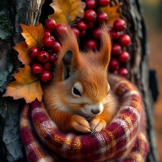 a squirrel is sitting in a tree with berries on it's head and scarf around its neck Squirrel Halloween Cute Autumn Animal Pictures, Fall Animal Pictures, Autumn Animals Pictures, dark olive green