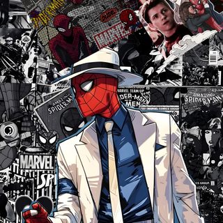 a man in a suit and tie with spider - man on his back, surrounded by stickers Halloween Spiderman Super Hero, Rich Spiderman, Spider Man Michael Jackson, Action Figure, Spiderman, dim gray
