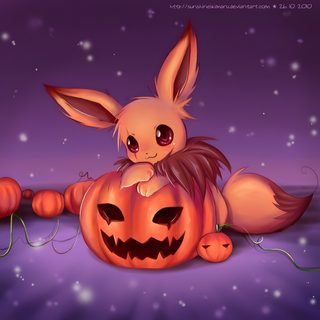 a cute little bunny sitting on top of a pumpkin Eevee Halloween Eevee Pumpkin, Pokemon Halloween Background, Eevee Halloween, Eevee Cute, dim gray