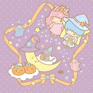 an image of some cartoon characters on a purple background with stars and moon in the sky Little Twin Stars Halloween Little Twin Stars Moon, Little Twin Stars Halloween, Twin Stars Halloween, thistle