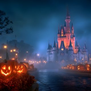 the castle is lit up at night with pumpkins Disney Halloween Desktop Halloween Pc Background, Disney Halloween Pc, Disney Halloween Zoom Background, dark slate gray