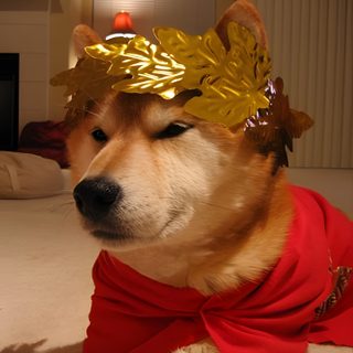 a dog wearing a red dress and gold headpiece sitting on the floor in front of a fire place Shiba Inu Halloween Dog Toga Costume, Shiba Inu Cerberus, Shiba Inu Dressed Up, Shiba Costume, saddle brown