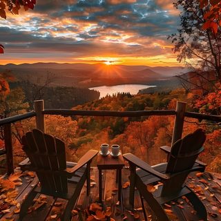 two adiron chairs sitting on top of a wooden deck overlooking a lake at sunset Halloween Sunrise Red Cabin Fall Scenery, Rustic Cabin In Autumn Sunset, Autumn Cabin View, saddle brown