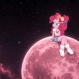 a pink pony sitting on top of a large moon in the night sky with stars Pinkie Pie Halloween Pinkie Pie Pfp, Pinkie Pie, Pie, black