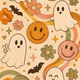 an image of halloween ghost stickers on a white background with flowers and stars around them 70s Halloween Vintage Halloween Art, Halloween Iphone Backgrounds, Halloween Iphone, Pink Pumpkins, wheat